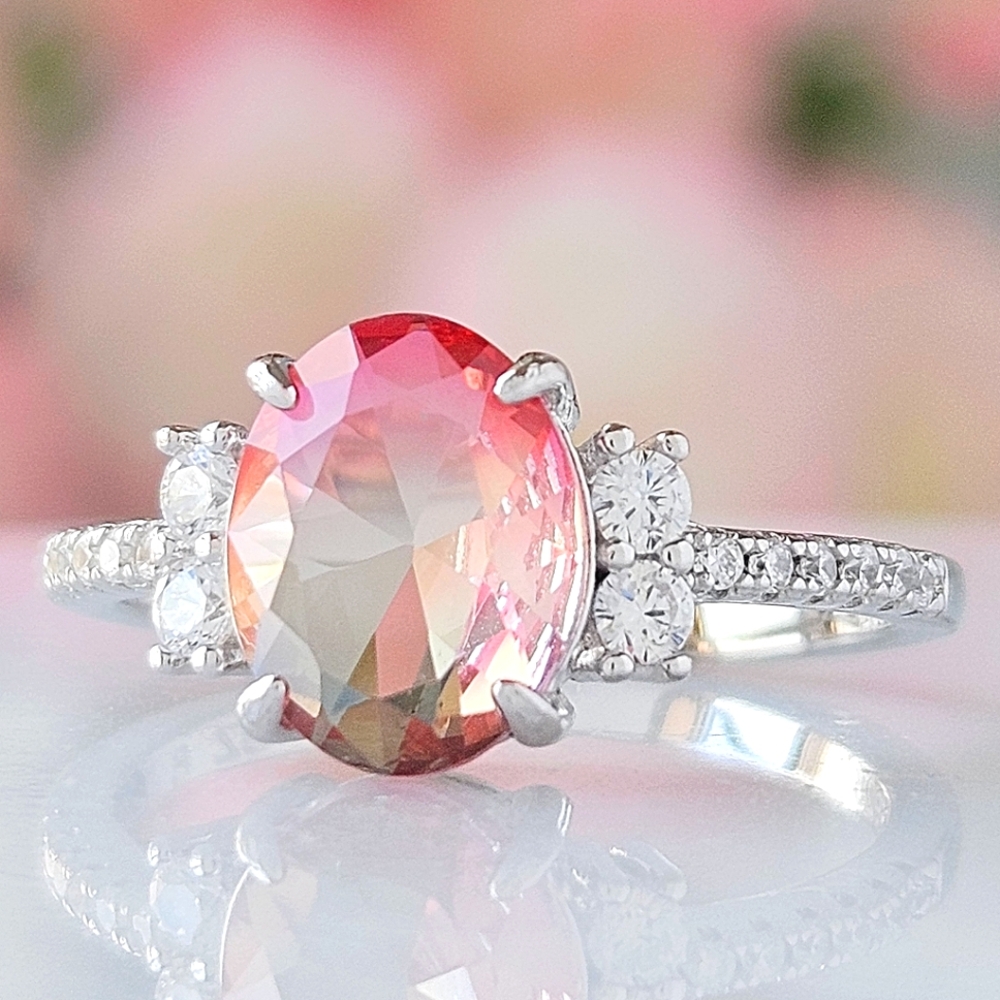 Oval cut peach anf pink gemstone ring, 925 Sterling Silver Charmed Aroma